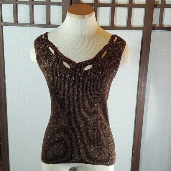 Vintage Cache Brown Sparkly Beaded Top Sz S - Picture 1 of 10